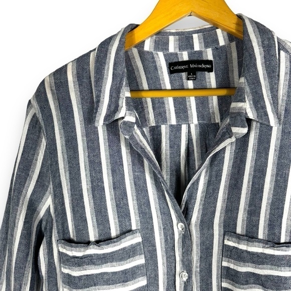 Catherine Malandrino Linen Blend Raw Hem Button Up Top, Blue/White Stripe, Large - Picture 4 of 11
